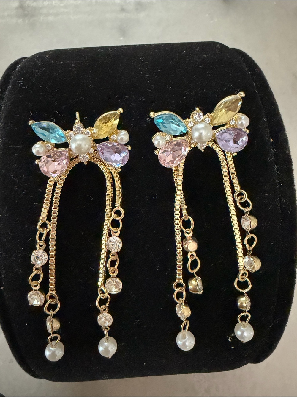 Gold Multicolor Cz Drop Earrings with Pearls - Picture 2 of 4